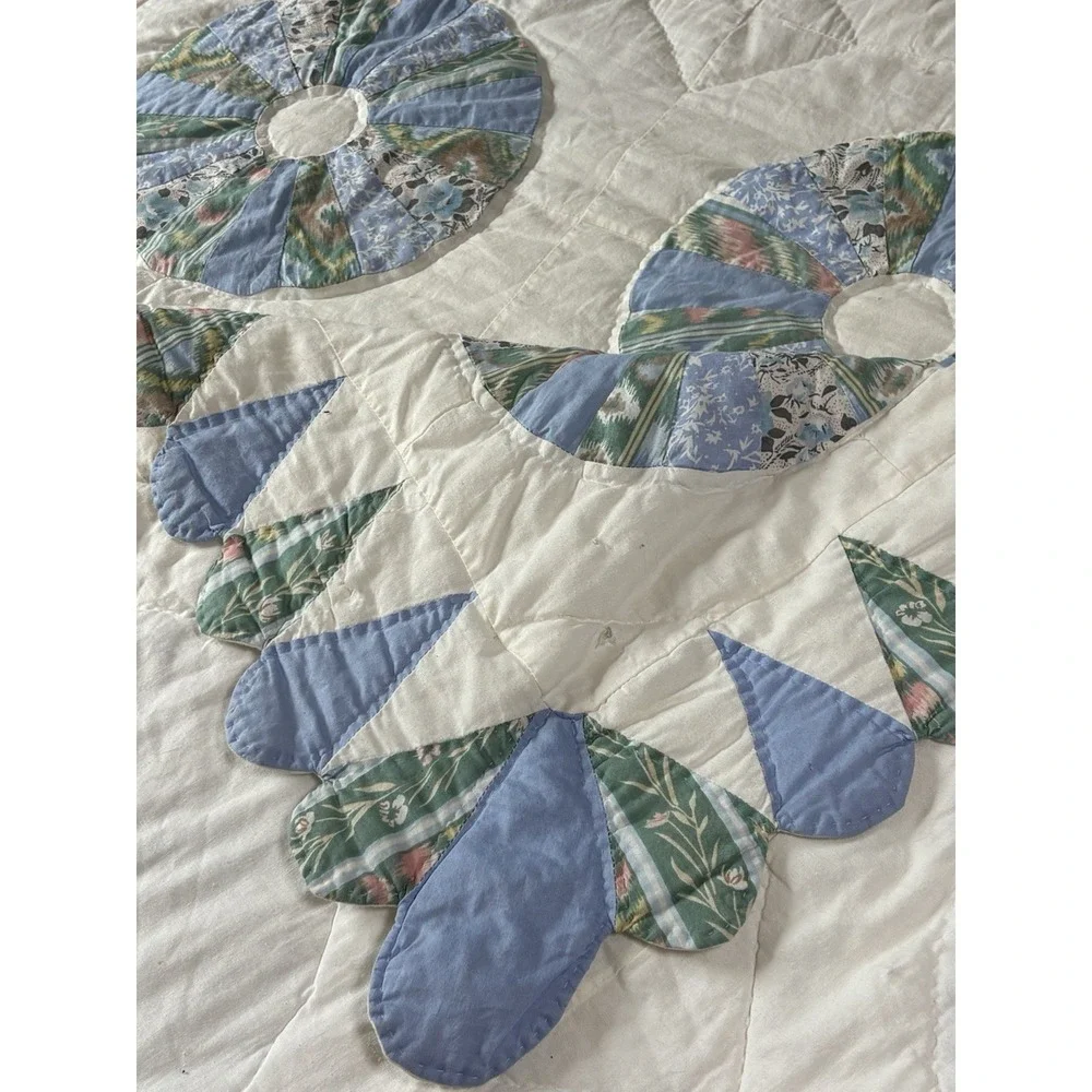 Blue Floral Dresden Plate Quilt Vintage‎ Handmade Patchwork 80x80 Full/Queen